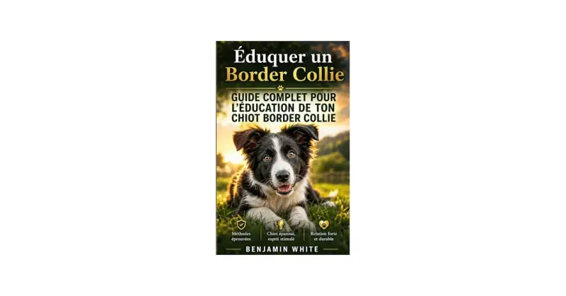Couverture de livre "Éduquer un Border Collie", avec un chiot Border Collie assis dans l'herbe au coucher du soleil. Guide complet pour l'éducation de votre chiot.