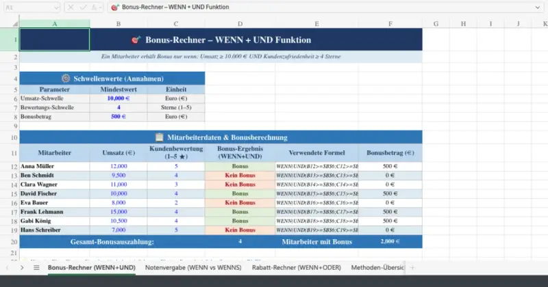 Excel-Tabelle zeigt Bonusberechnung mit WENN+UND-Funktion. Mitarbeiter erhalten Bonus nur bei Erreichen von Umsatz und Kundenzufriedenheit.