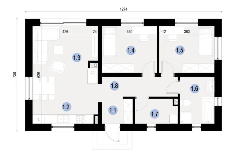 Projekt domu 70m2 parterowy. Rzut parteru z salonem, kuchnią, 3 sypialniami, łazienką i przedpokojem.