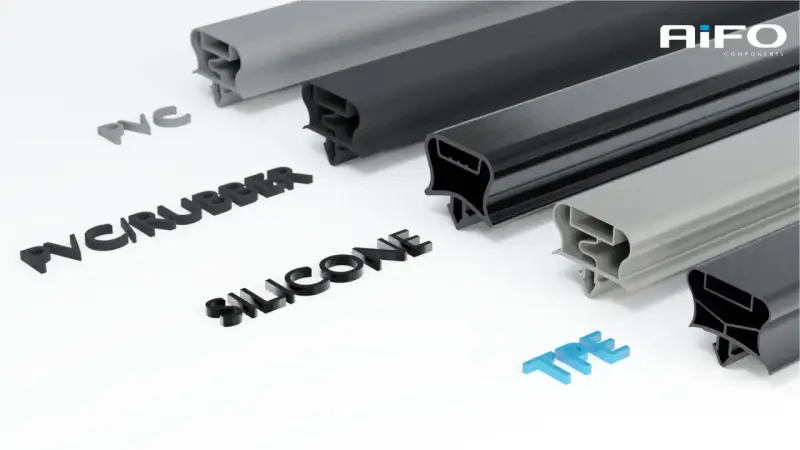 Próbki profili z różnych materiałów: PVC, PVC/RUBBER, SILICONE i TPE.