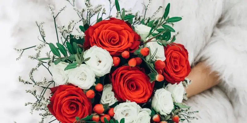Un ramo de rosas rojas y blancas, adornado con bayas rojas y delicadas flores blancas, evoca la belleza de las flores de febrero.
