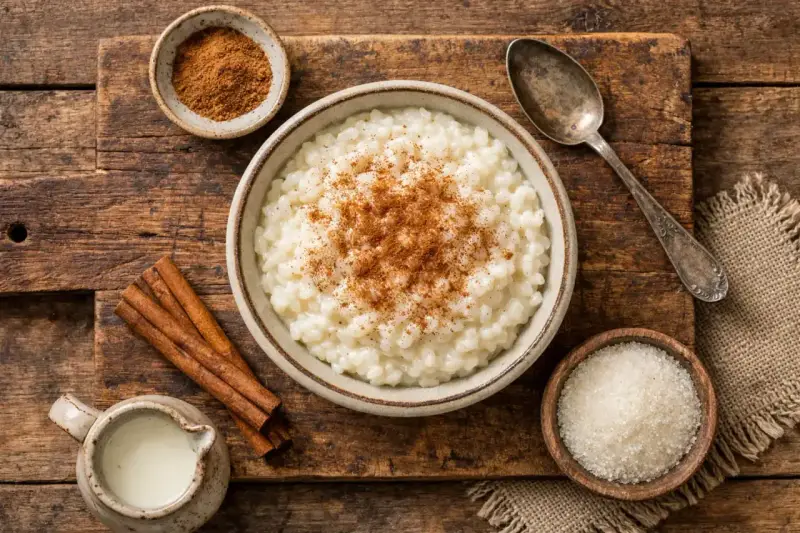 Cremiger Milchreis mit Zimt, Zucker und Zimtstangen. Ist Milchreis gesund? Mit wenig Zucker und Vollkornreis ja!