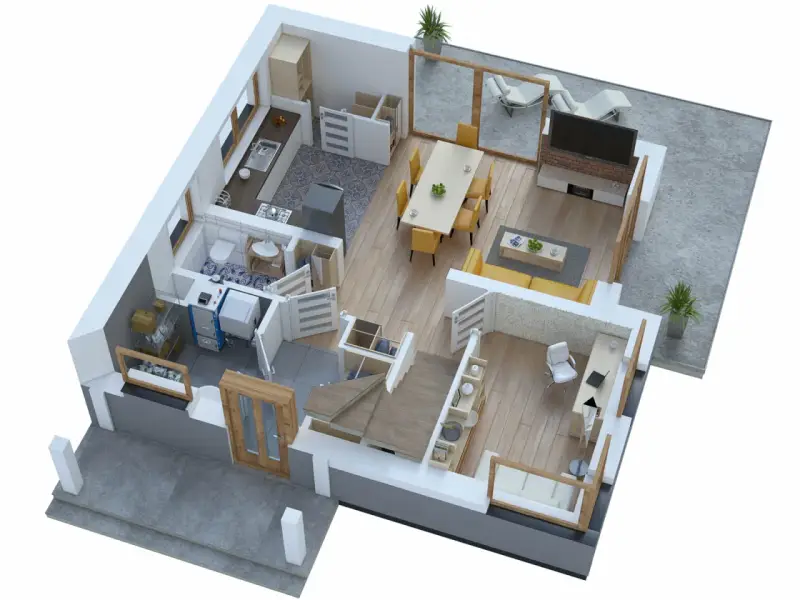Wizualizacja projektu domu 70m2: kuchnia, łazienka, salon z jadalnią, gabinet i taras.