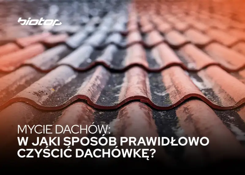 Zbliżenie na dachówki po myciu. Tekst: "Mycie dachów: W jaki sposób prawidłowo czyścić dachówkę?".