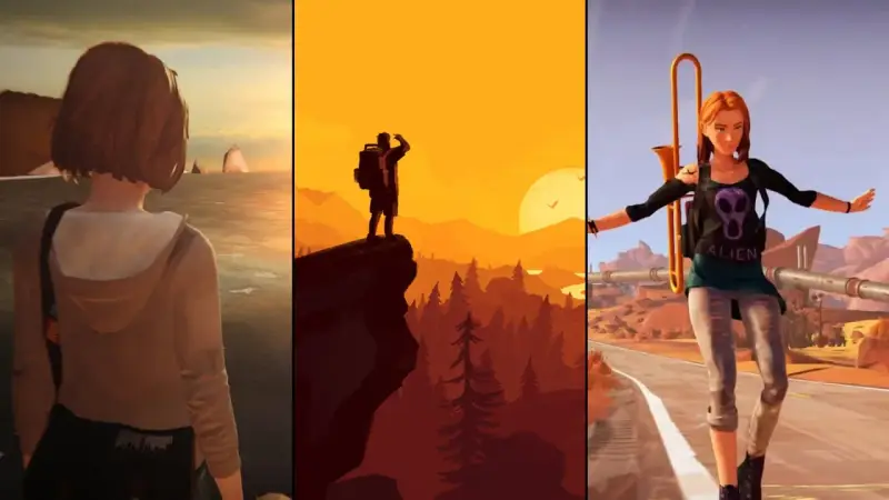 Trzy sceny z gier: dziewczyna nad morzem, podróżnik na klifie, dziewczyna na rolkach. Gry podobne do Life is Strange.