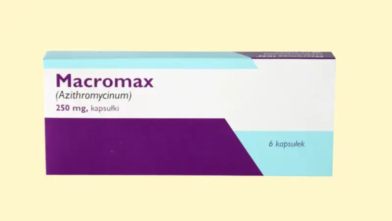 Opakowanie leku Macromax (Azithromycinum) 250 mg, zawierające 6 kapsułek.
