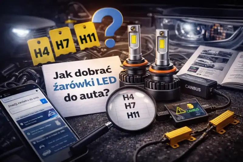 Jak dobrać żarówki LED do auta? Na zdjęciu widać modele H4, H7, H11, telefon z aplikacją i instrukcję.