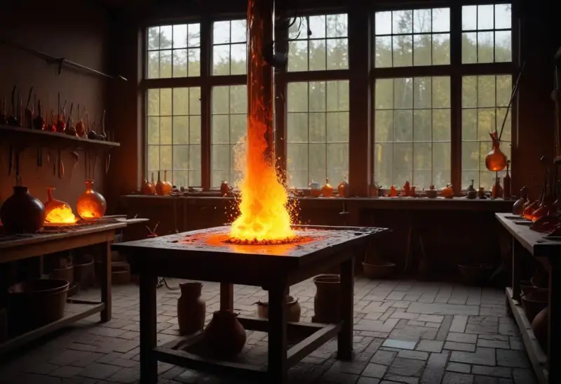 Ett glödande inferno i ett glasbruk i Småland. Verktyg och glasföremål väntar på att formas av elden.