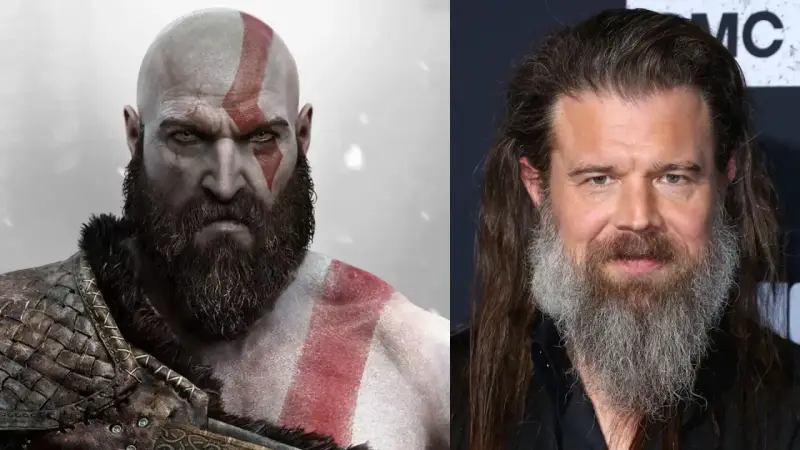 Kratos, bóg wojny, obok aktora przypominającego go wyglądem.