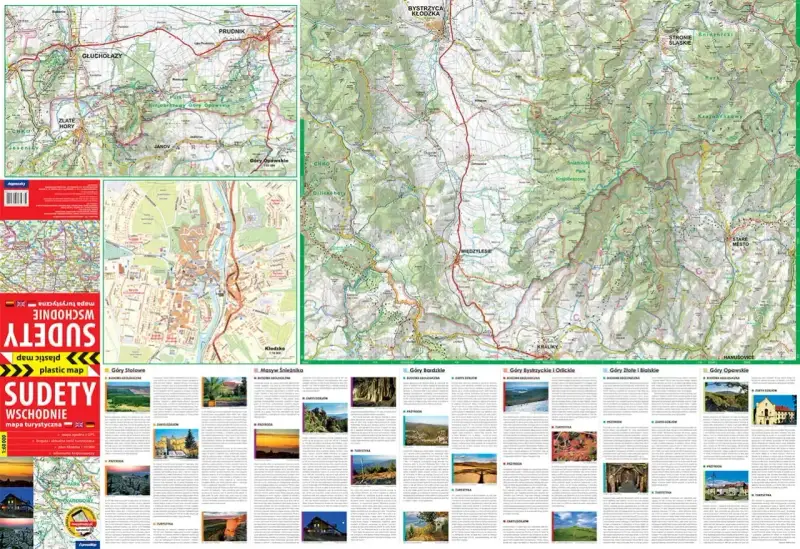 Mapa turystyczna Sudetów Wschodnich z zaznaczonymi szlakami, miastami i atrakcjami.