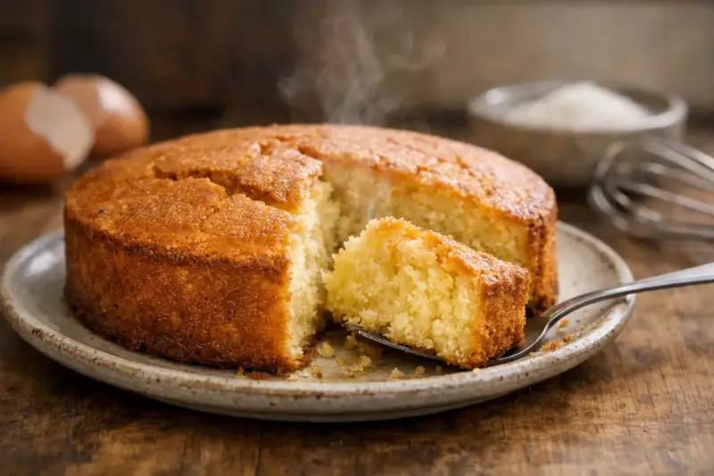 Un délicieux gâteau fait maison, probablement avec 4 œufs, dégage de la vapeur. Une part est coupée et prête à être dégustée.