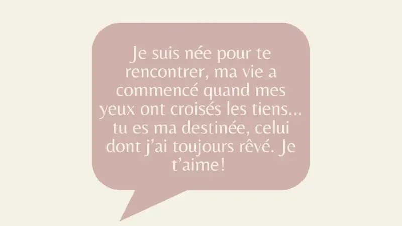 Bulle rose avec un message : "Je suis née pour te rencontrer, ma vie a commencé quand mes yeux ont croisés les tiens... tu es ma destinée, celui dont j'ai toujours rêvé. Je t'aime!