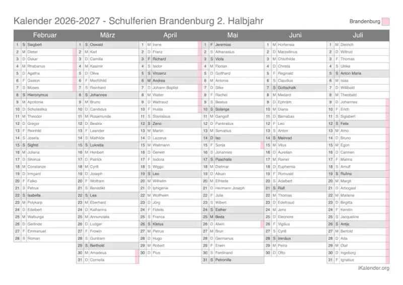 Kalender 2026-2027 mit Monaten Februar bis Juli und Namen.