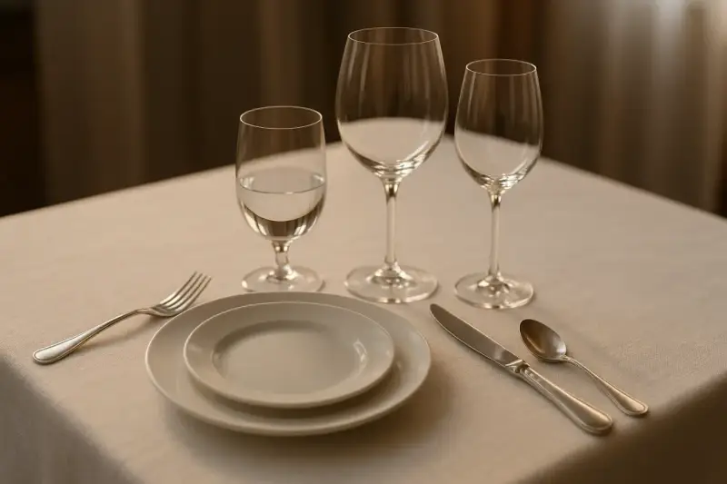 Un verre à eau à gauche, deux verres à vin vides, assiettes, fourchette, couteau et cuillère sur une table dressée.