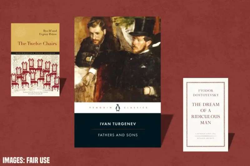 Okładki książek: "The Twelve Chairs", "Ojcowie i synowie" Iwana Turgieniewa, "Sen śmiesznego człowieka" Dostojewskiego.