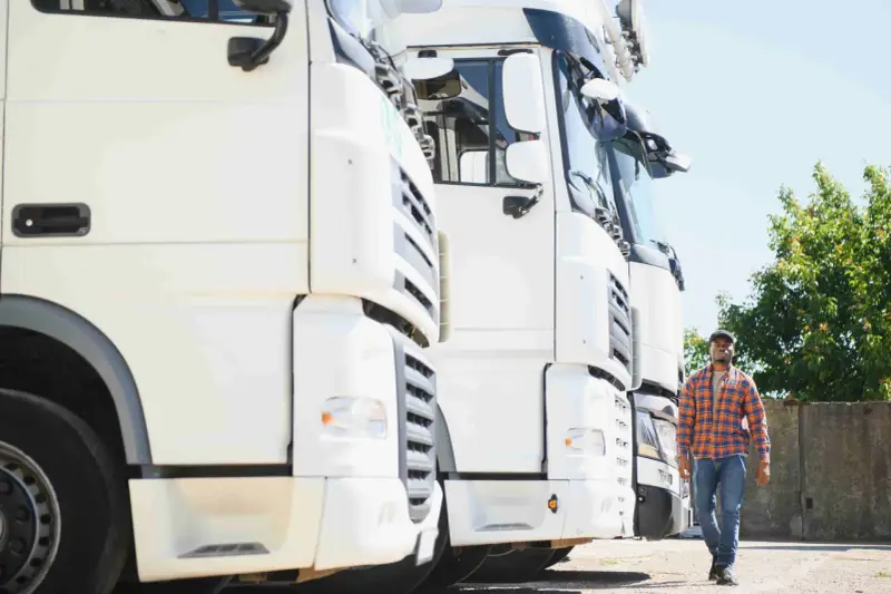 Kierowca idzie obok rzędu białych ciężarówek. To właśnie spedycja co to – transport towarów na dużą skalę.