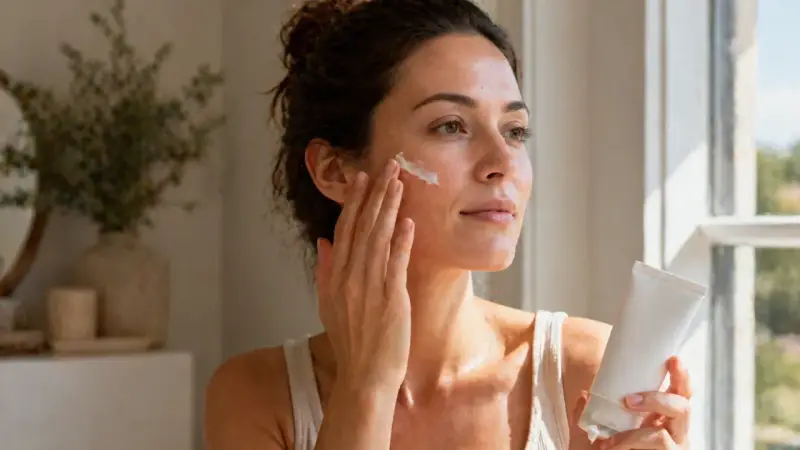 Kobieta aplikuje krem na twarz, zastanawiając się, retinol co to jest i jak działa na skórę.