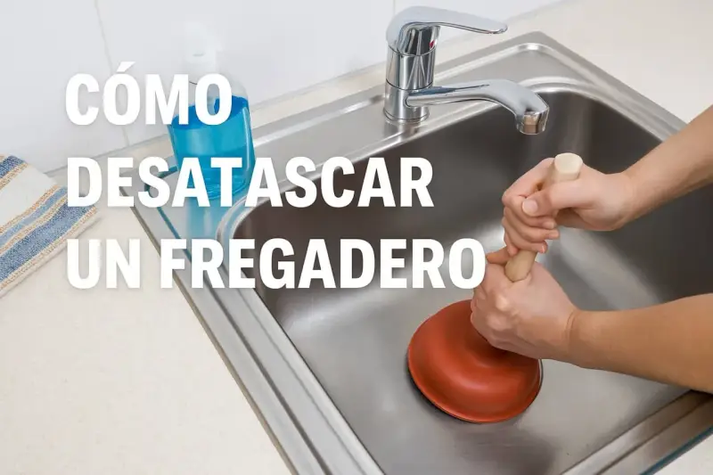 Manos usando un desatascador para desatascar fregadero.
