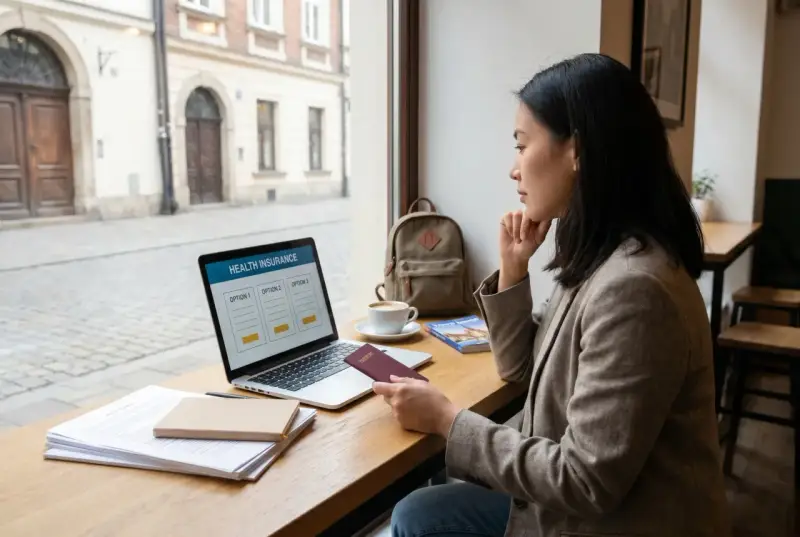 Kobieta analizuje opcje ubezpieczenia zdrowotnego na laptopie, trzymając paszport. W tle widać kawiarnię i ulicę.