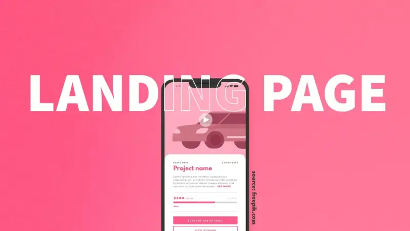Beispiele für Landing Pages: Ein Smartphone zeigt eine Crowdfunding-Kampagne für ein Auto. Der Text "LANDING PAGE" ist groß darüber zu lesen.