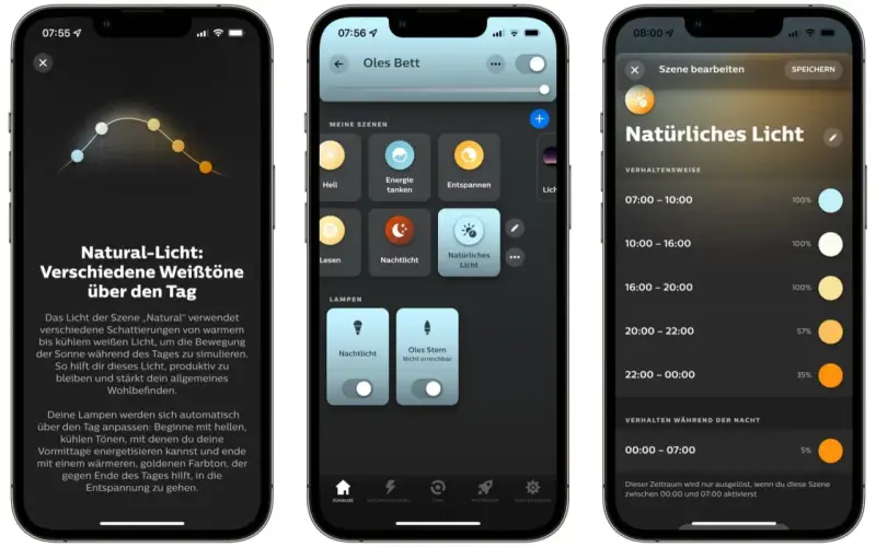 App-Ansicht: "Natürliches Licht" passt die Beleuchtung über den Tag an, von kühlem Morgenlicht bis warmem Abendlicht.