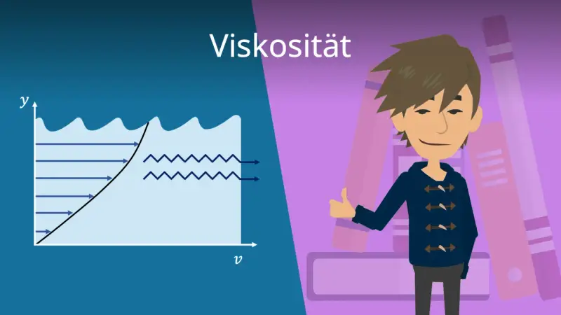 Diagramm zeigt Flüssigkeitsströmung und die Bedeutung von Viskosität. Ein Junge gibt Daumen hoch vor Bücherregal.