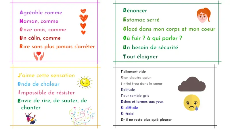 Acrostiche le jeu : quatre poèmes sur les émotions, de la joie à la tristesse, avec des illustrations.
