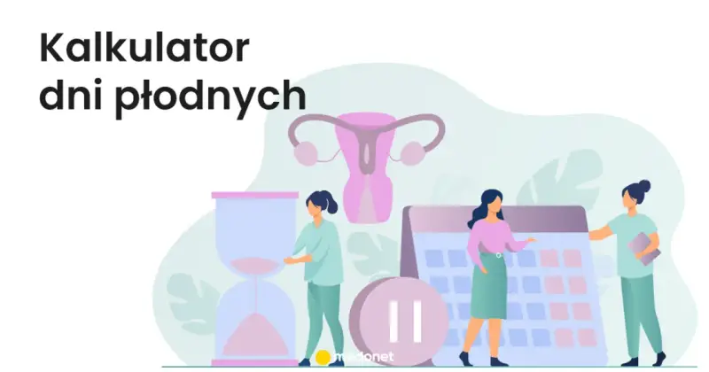 Kalkulator dni płodnych: cykl miesiączkowy, kalendarz, klepsydra i symbol pauzy.