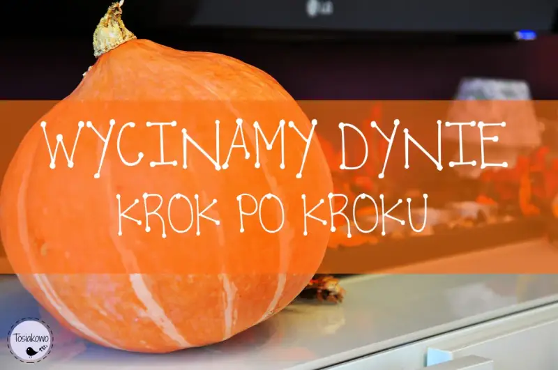 Pomarańczowa dynia gotowa do drążenia. Napis "WycinaMY dynie krok po kroku" zapowiada jesienne zabawy.