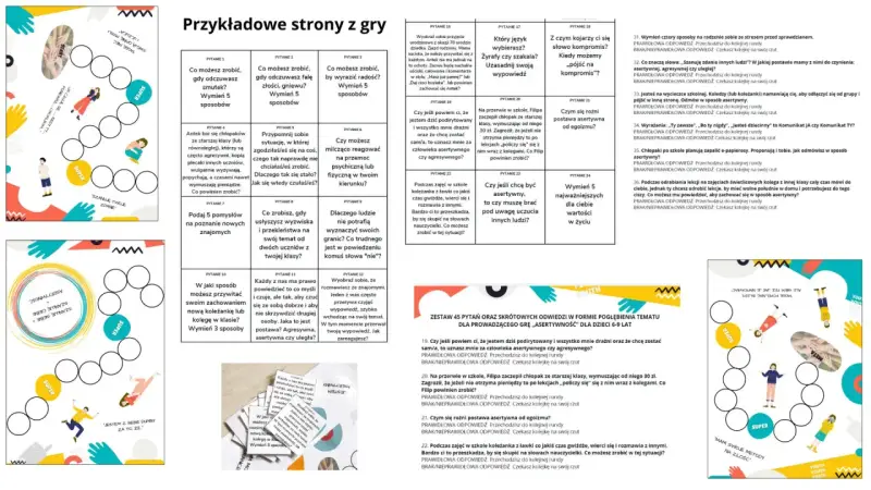 Gra w skojarzenia: plansza z pytaniami o asertywności, emocjach i relacjach.