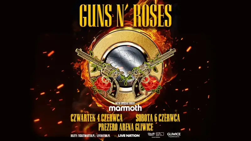 Plakat zapowiadający koncerty Guns N' Roses w Prezero Arena Gliwice 4 i 6 czerwca.