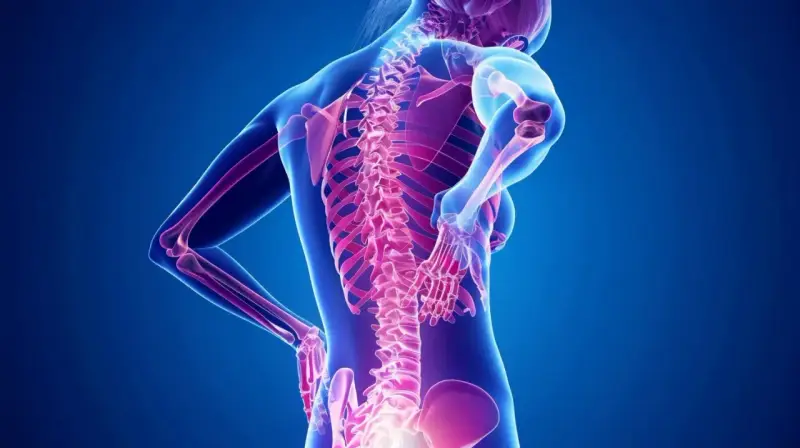 Ból pleców tuż nad pośladkami, widoczny na szkielecie człowieka.