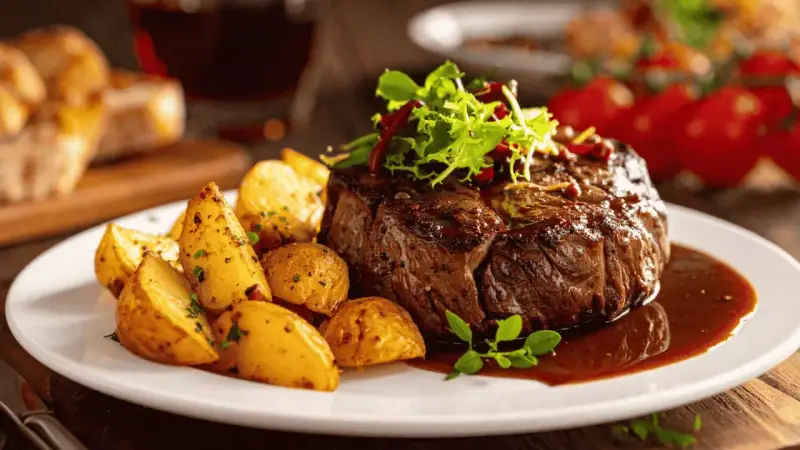 Un plat appétissant de filet mignon de porc, accompagné de pommes de terre rôties et d'une sauce riche. Parfait pour des recettes de filet mignon de porc.