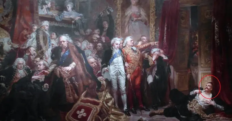 Tadeusz z obrazu Matejki, leżący na ziemi, z uniesioną głową i ręką na piersi, w otoczeniu innych postaci.