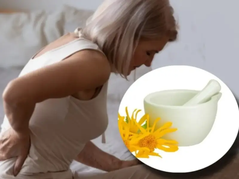 Mujer con dolor de espalda y un mortero con flores amarillas, sugiriendo para qué sirve la arnica.