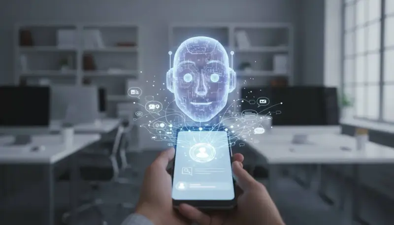 Dłoń trzyma smartfon, z którego wyłania się holograficzna głowa robota. To zaawansowany chatbot, otoczony ikonami komunikacji, gotowy do rozmowy.