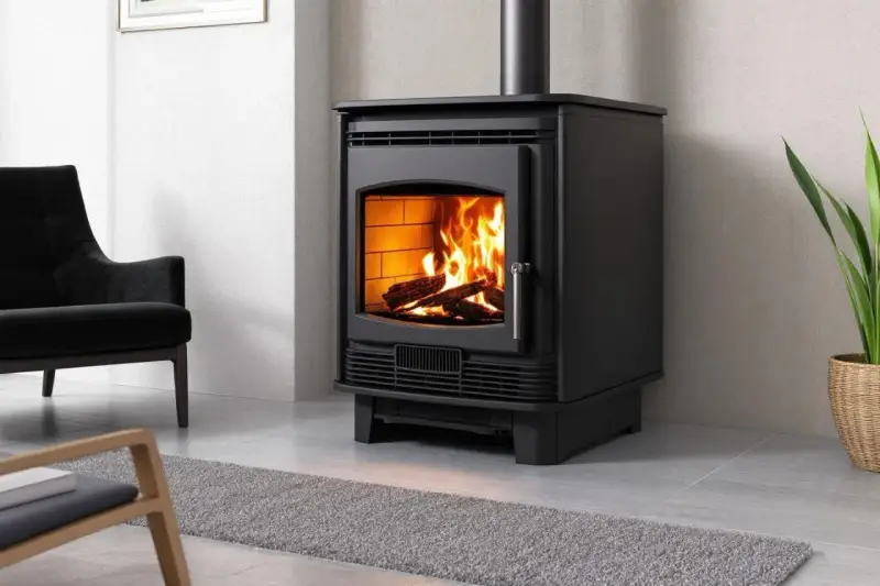 Poêle à bois moderne, flammes vives réchauffant la pièce. Les granulés ne tombent plus, juste du bois qui crépite. Un fauteuil noir et une plante verte complètent la scène.