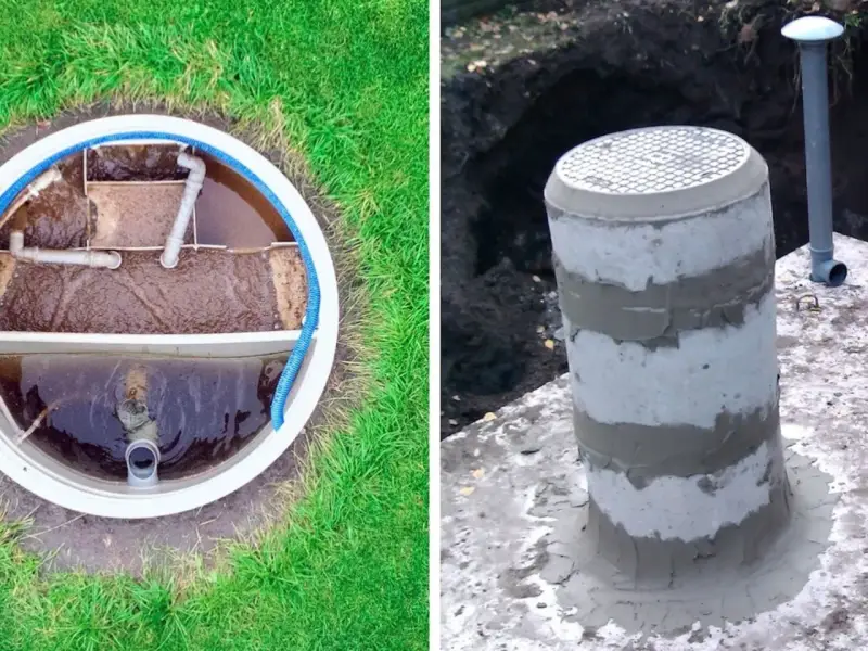 Betonowe szambo z drenażem, widok wnętrza z rurami i zewnętrzna część z włazem.