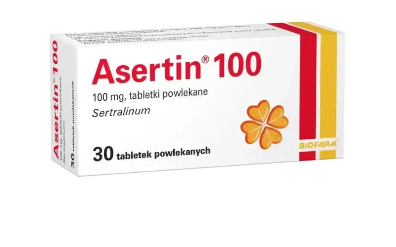Opakowanie leku Asertin 100 mg, zawierającego sertralinę, na co pomaga w leczeniu depresji i innych schorzeń. 30 tabletek.