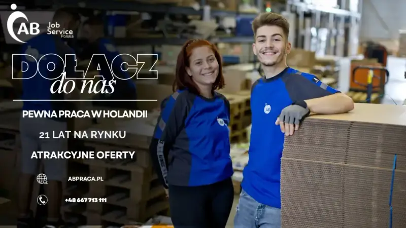 AB agencja pracy zaprasza do pracy w Holandii. Pewna praca, 21 lat na rynku, atrakcyjne oferty. Dołącz do nas!