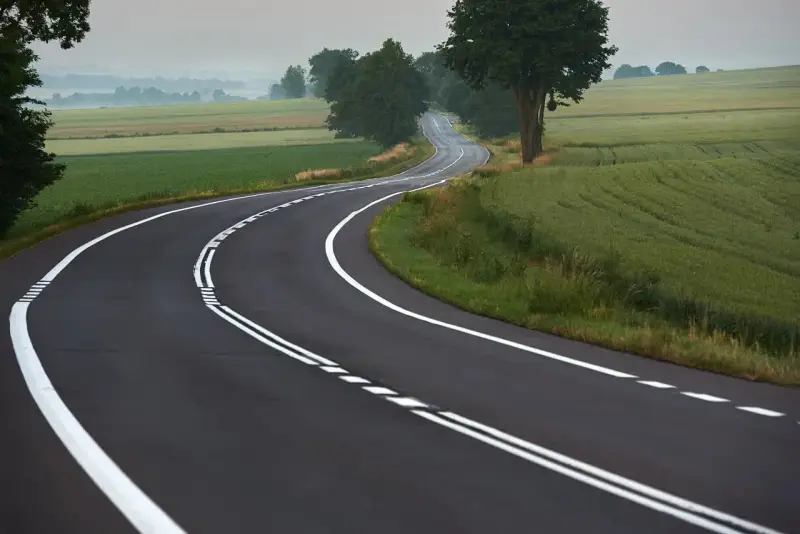 Zakręt drogi z podwójną ciągłą linią, otoczony polami i drzewami. Kierowca rozważa wyprzedzanie na podwójnej ciągłej.