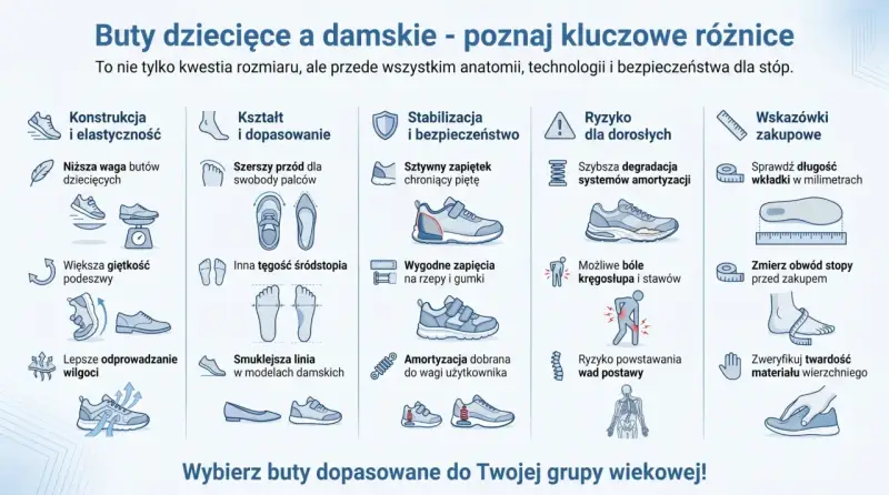 Porównanie butów dziecięcych i damskich: budowa, kształt, stabilizacja, ryzyko dla dorosłych, wskazówki zakupowe. Poznaj części buta i nazwy.