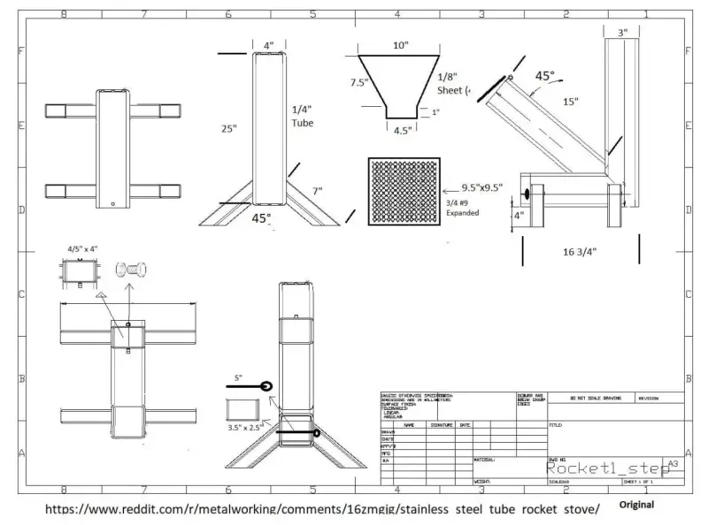 Plan détaillé d'un réchaud fusée en métal, montrant les dimensions et les pièces pour sa construction.