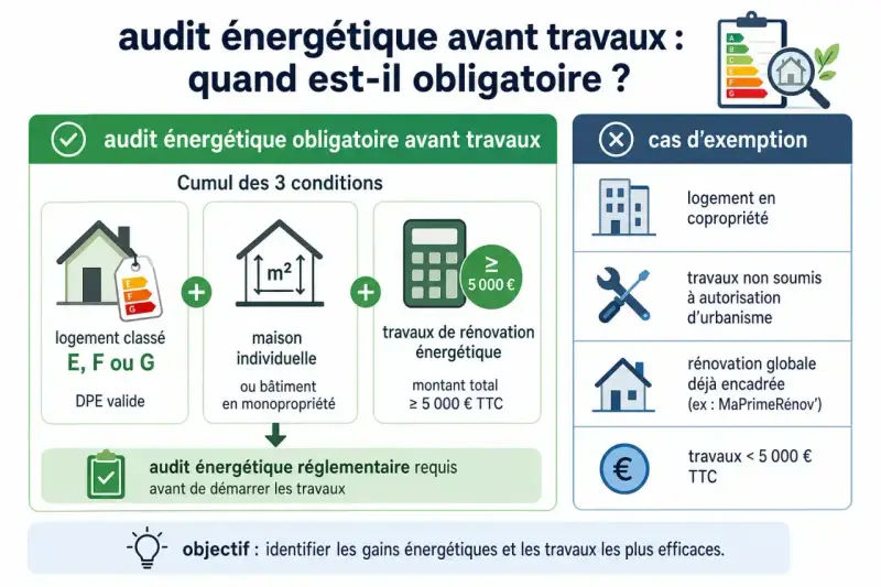 Schéma expliquant quand un audit énergétique est obligatoire avant travaux : conditions (logement E, F ou G, maison individuelle, travaux ≥ 5000€) et cas d'exemption.