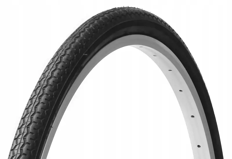 Opona rowerowa o rozmiarze 28x1 5/8x1 3/8, z wyraźnym bieżnikiem, gotowa na przygodę.