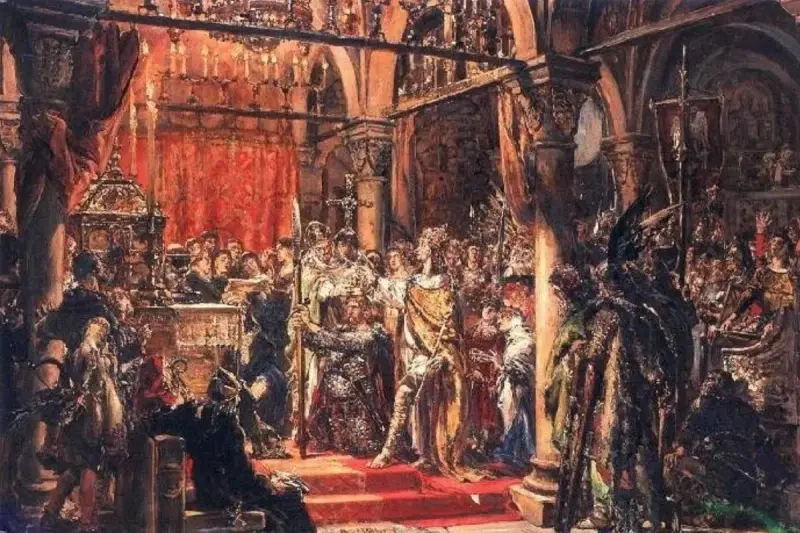 Uroczysta scena koronacji króla, być może w momencie, gdy zmarł Bolesław Chrobry, a tron obejmuje jego następca.