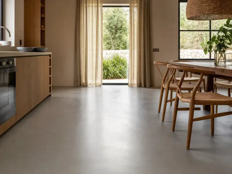 Cocina moderna con muebles de madera y un elegante suelo microcemento que refleja la luz natural.