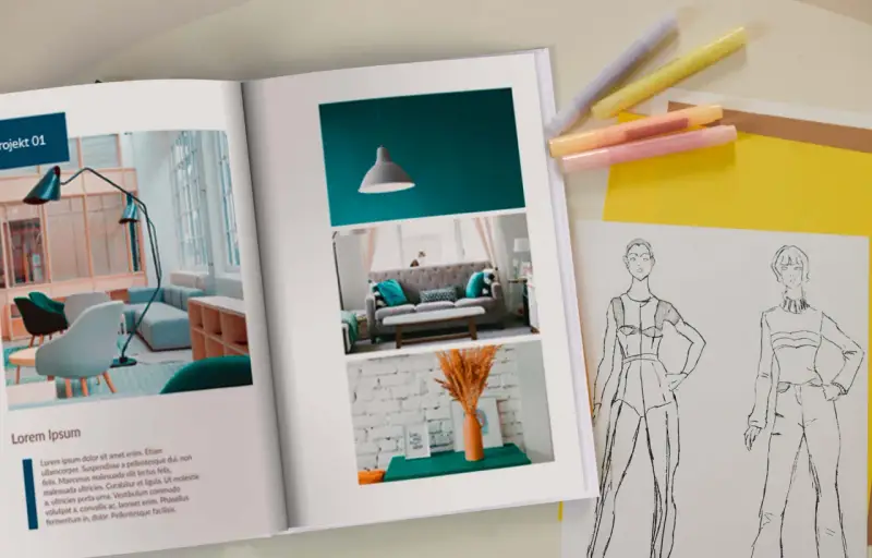 Otwarta księga prezentuje inspiracje do wzornictwa studia: projekt wnętrza i szkice modowe.
