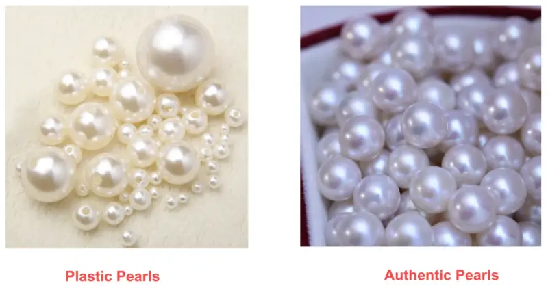 Left: plastic pearls with visible holes. Right: authentic pearls with subtle luster. See how to tell real pearls from fake.