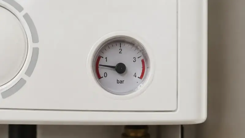 Manómetro de caldera Dietrich marca 0.8 bar, indicando posible problema.